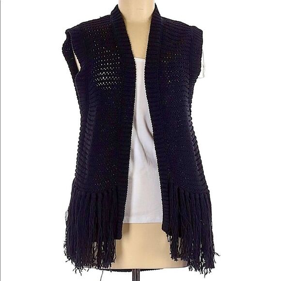 NWT DKNY Black Fringe Loose Knit Cardigan Sleeveless Sweater Sz M - Picture 1 of 8